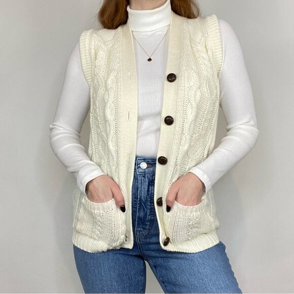Vintage 70s Small Ivory Chunky Knit Cable Knit Cardigan Style Sweater Vest - Picture 1 of 10